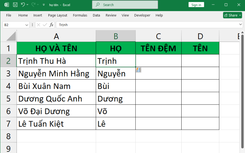 cách tách cột và tên trong excel 10