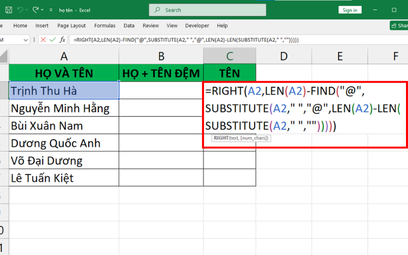 cách tách họ và tên thành cột riêng trong excel 11