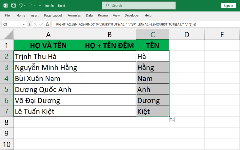 cách tách họ và tên thành cột riêng trong excel 12