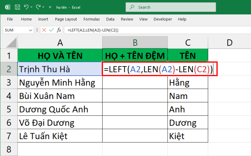 cách tách họ và tên thành cột riêng trong excel 13