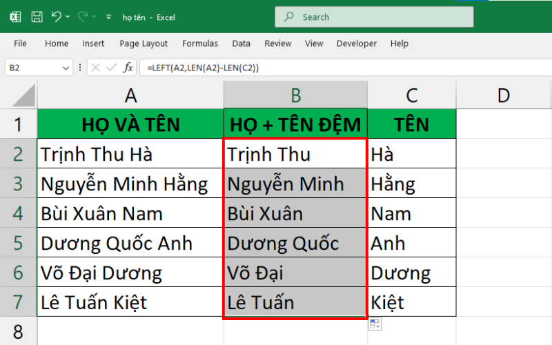 cách tách họ và tên thành cột riêng trong excel 14