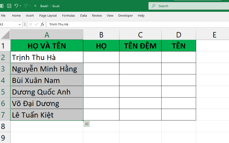 cách tách cột họ và tên trong excel 2