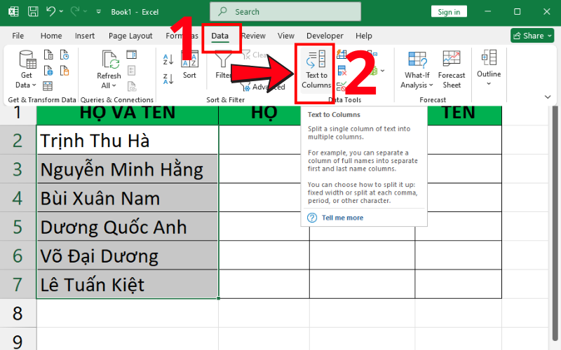 cách tách cột họ và tên trong excel 3