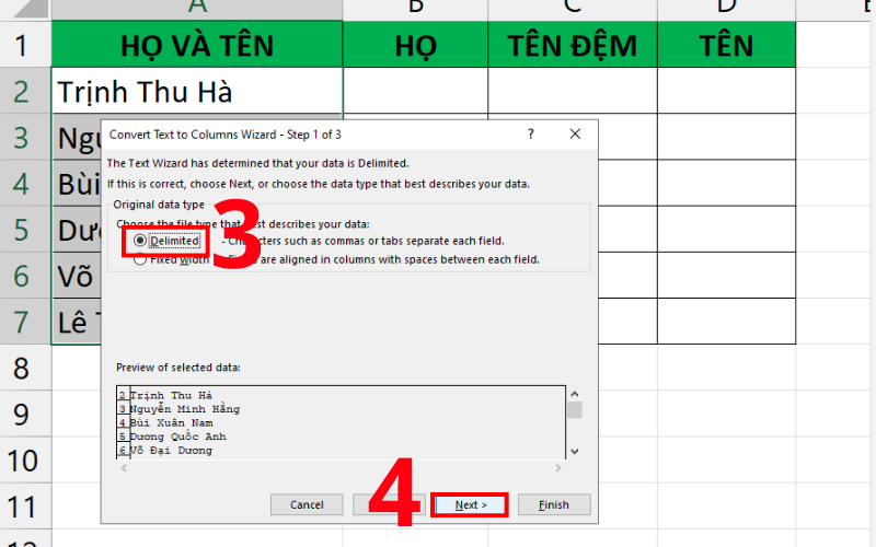 cách tách cột họ và tên trong excel 4