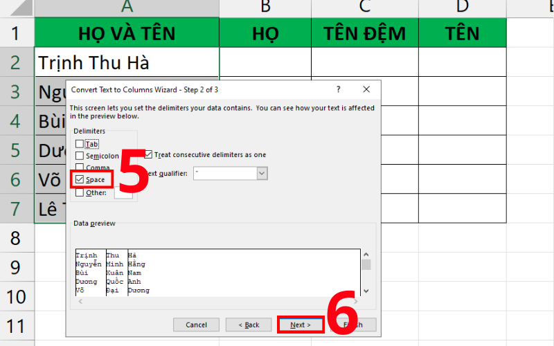 cách tách cột họ và tên trong excel 5