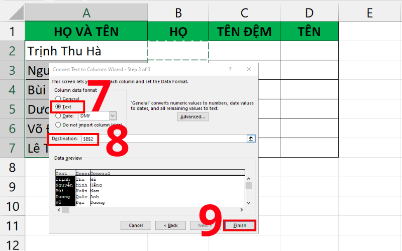 cách tách cột họ và tên trong excel 6
