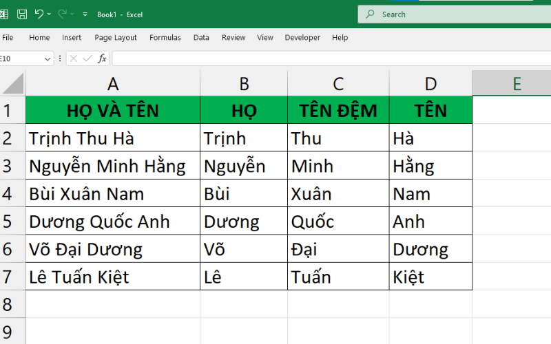 cách tách cột họ và tên trong excel 7