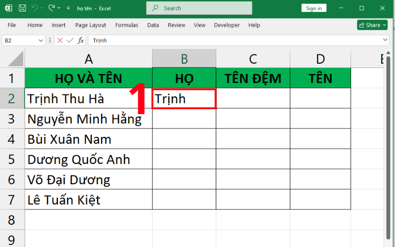 cách tách cột và tên trong excel 8