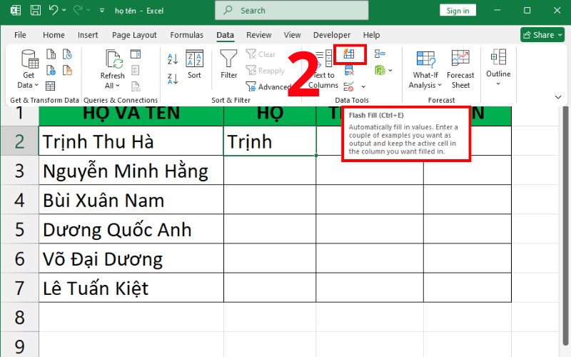 cách tách cột và tên trong excel 9